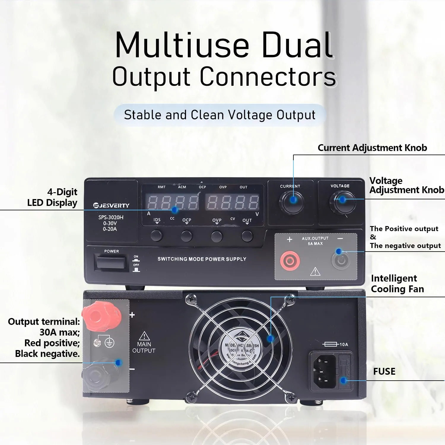 DC Power Supply Variable, 0-30V 0-20A 600W Switching DC Regulated Bench Power Supply with Encoder Knob, Output On/Off Switch, 4-Digit LED Display, OVP & OCP, Aux Output Terminal - SPS-3020H