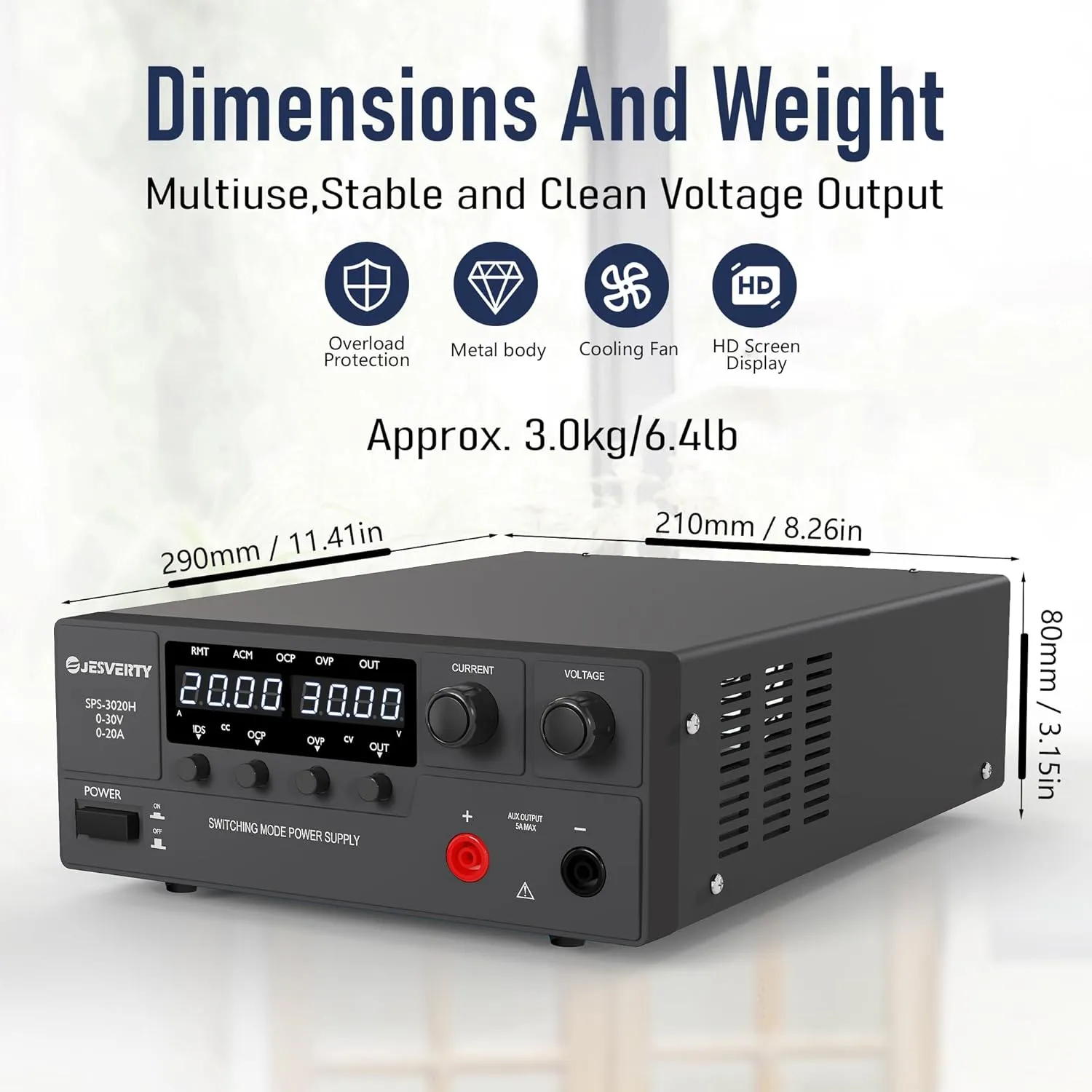 DC Power Supply Variable, 0-30V 0-20A 600W Switching DC Regulated Bench Power Supply with Encoder Knob, Output On/Off Switch, 4-Digit LED Display, OVP & OCP, Aux Output Terminal - SPS-3020H