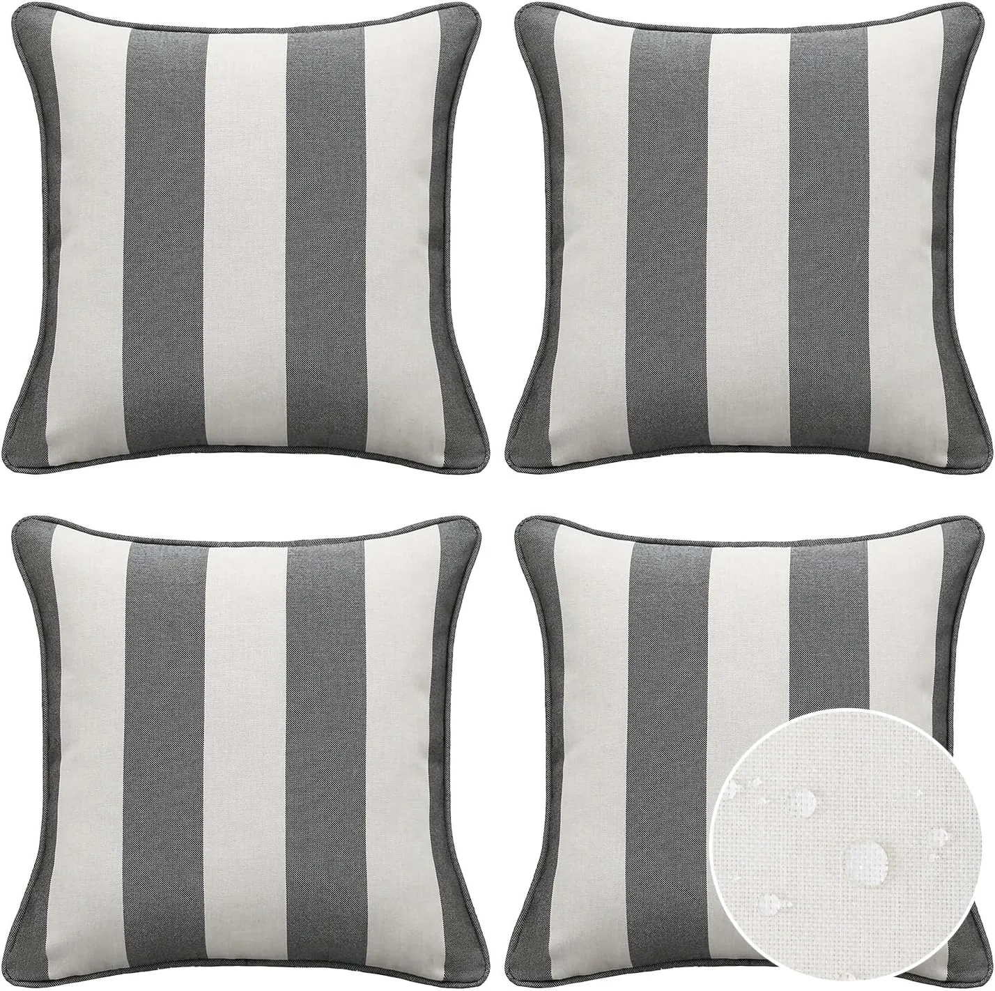 Decorative Outdoor Waterproof Throw Pillows with Inserts, Set of 4, 18" x18" Pillows for Patio, Backyard, Bed, Couch, and Patio Furniture, Gray Stripe