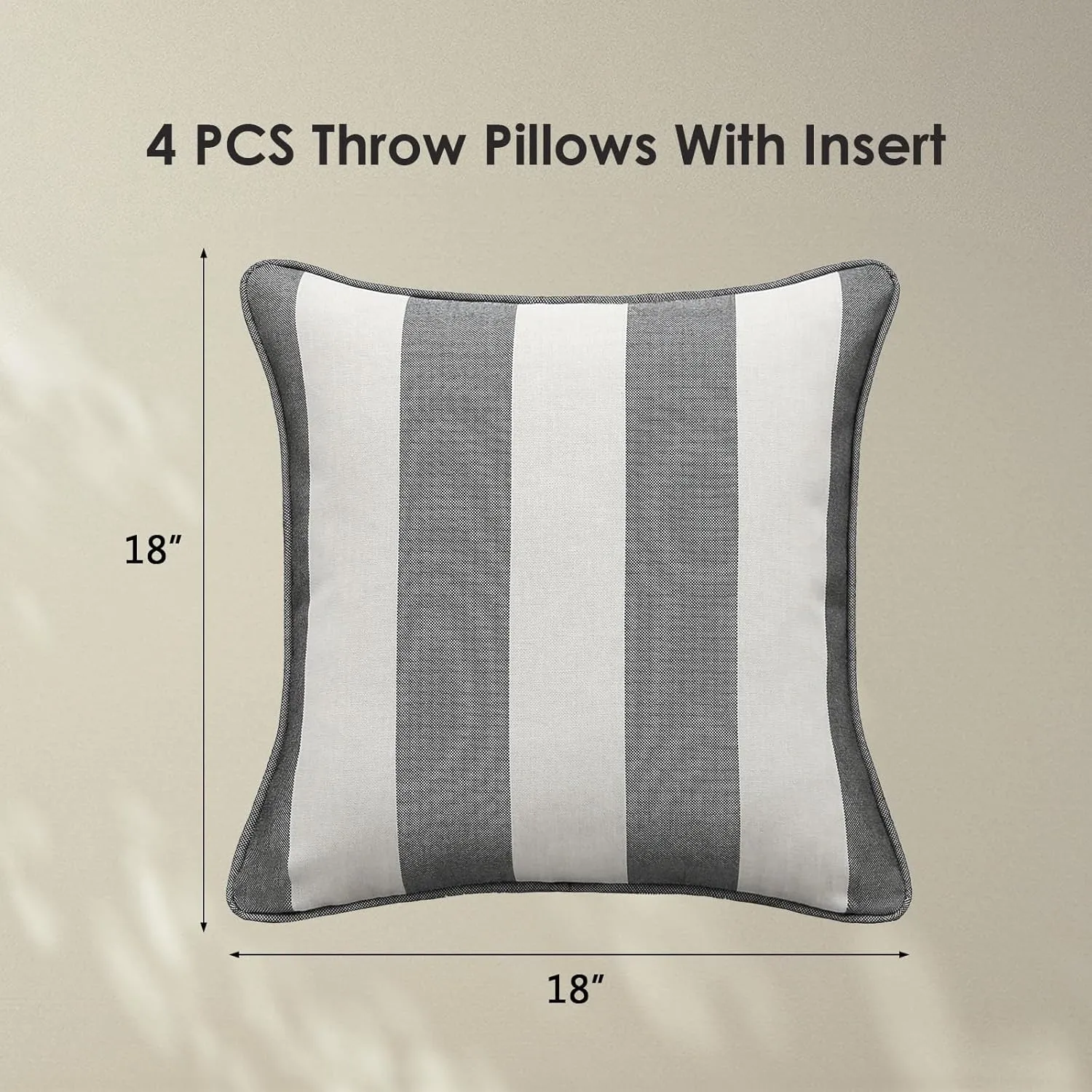 Decorative Outdoor Waterproof Throw Pillows with Inserts, Set of 4, 18" x18" Pillows for Patio, Backyard, Bed, Couch, and Patio Furniture, Gray Stripe