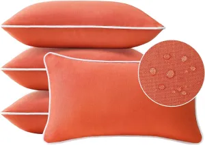 Decorative Outdoor Waterproof Throw Pillows with Inserts, Set of 4, 20" x12" Pillows for Patio, Backyard, Bed, Couch, and Patio Furniture, Coral Orange