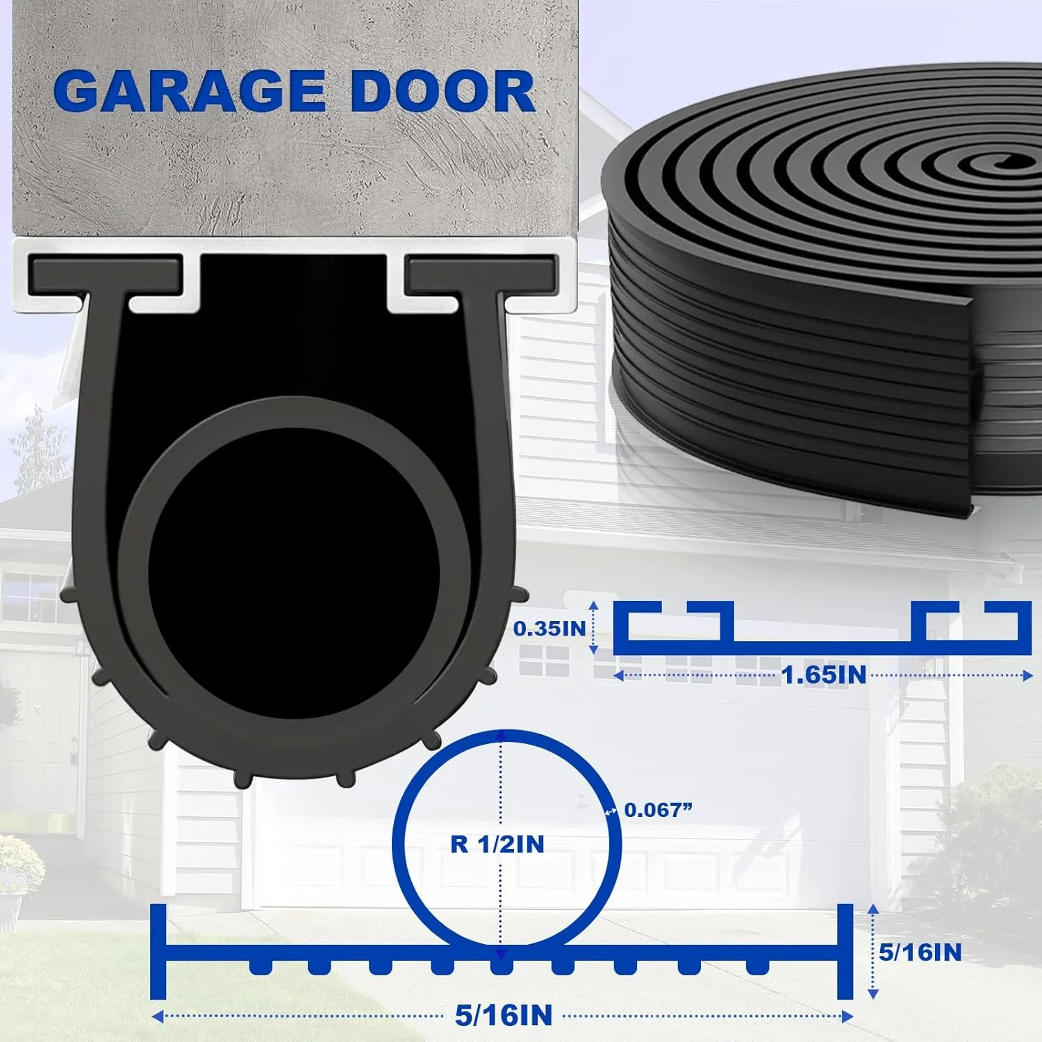 DGSL Garage Door Seals Bottom Rubber Weather Stripping Kit Seal Strip Replacement,Universal Weatherproof Threshold Buffering Sealing Rubber 5/16 inch T Ends, 3 3/4 Inch Width (10 Ft, Black)