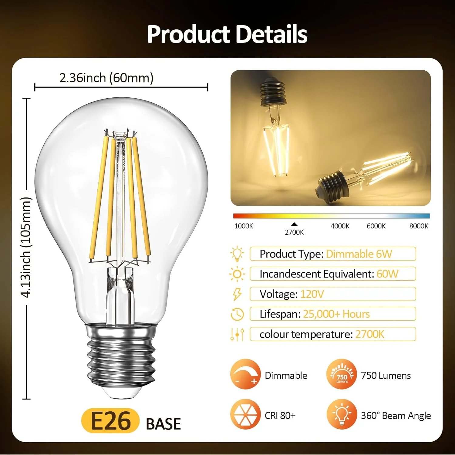 Dimmable A19 Clear LED Light Bulbs 60W Equivalent, 6W, 2700K Soft Warm Light for Table Lamp Floor Lamp Bathroom Vanity Outdoor Wall Light Fixture, CRI85 , 750LM, E26 Base, 6Packs