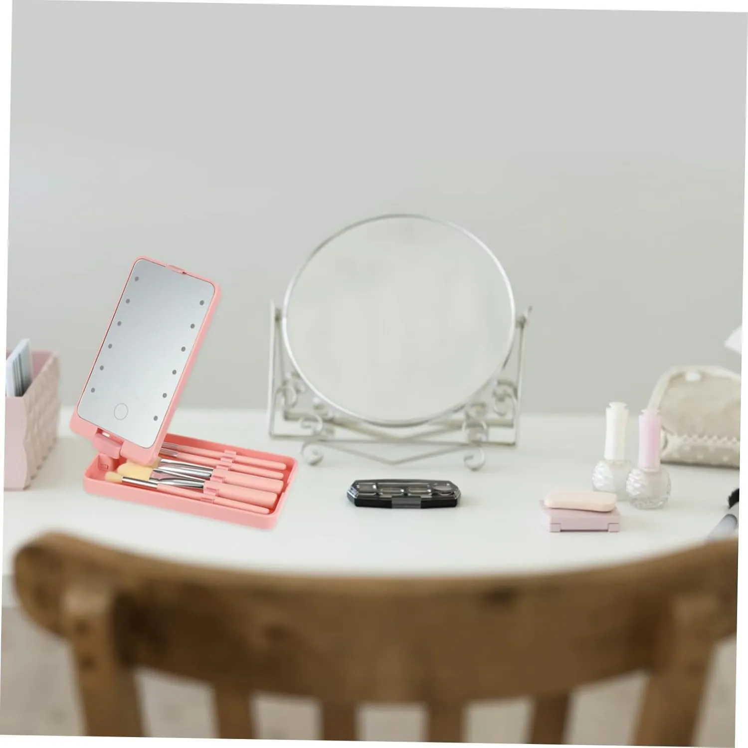 DOITOOL 5pcs Led Lighted Folding Travel Makeup Mirror with Brush Storage Compact Vanity Mirror for Convenient Eye Makeup Portable and Chic Design