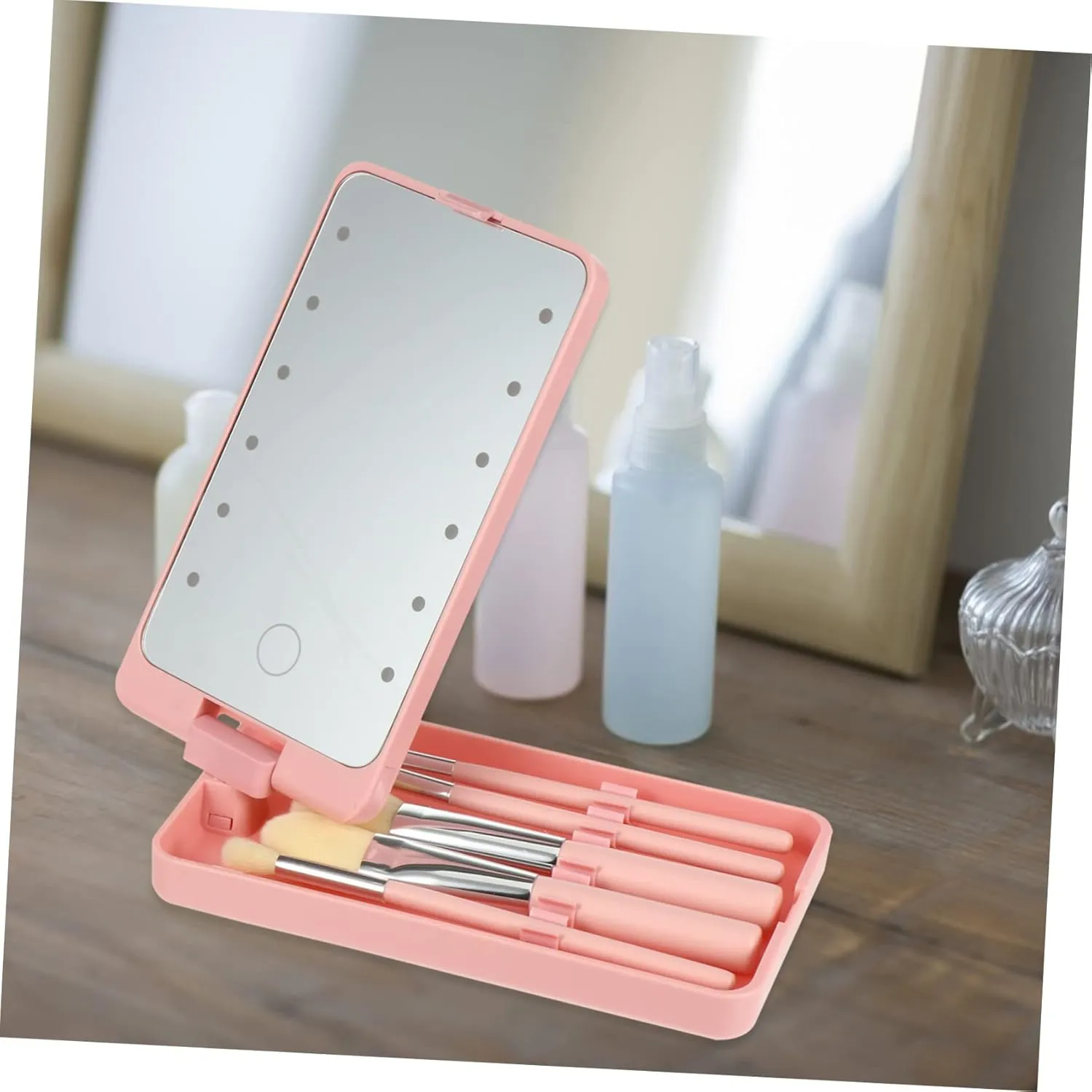 DOITOOL 5pcs Led Lighted Folding Travel Makeup Mirror with Brush Storage Compact Vanity Mirror for Convenient Eye Makeup Portable and Chic Design