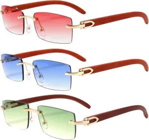 Dollger Rimless Rectangle Sunglasses for Men Women Hip-hop Wood Small Square Sunglasses Frameless 70s 90s Shades