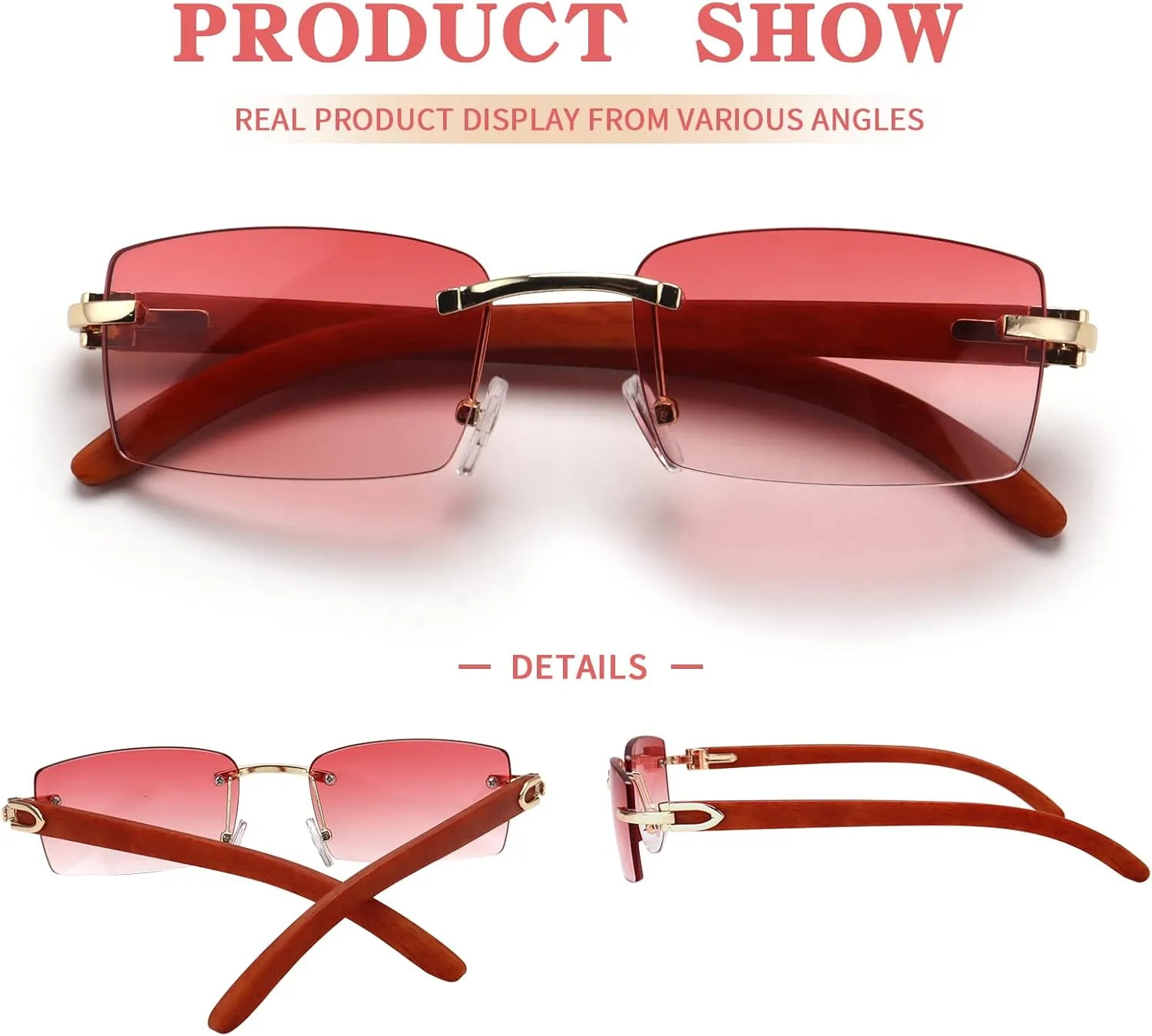 Dollger Rimless Rectangle Sunglasses for Men Women Hip-hop Wood Small Square Sunglasses Frameless 70s 90s Shades