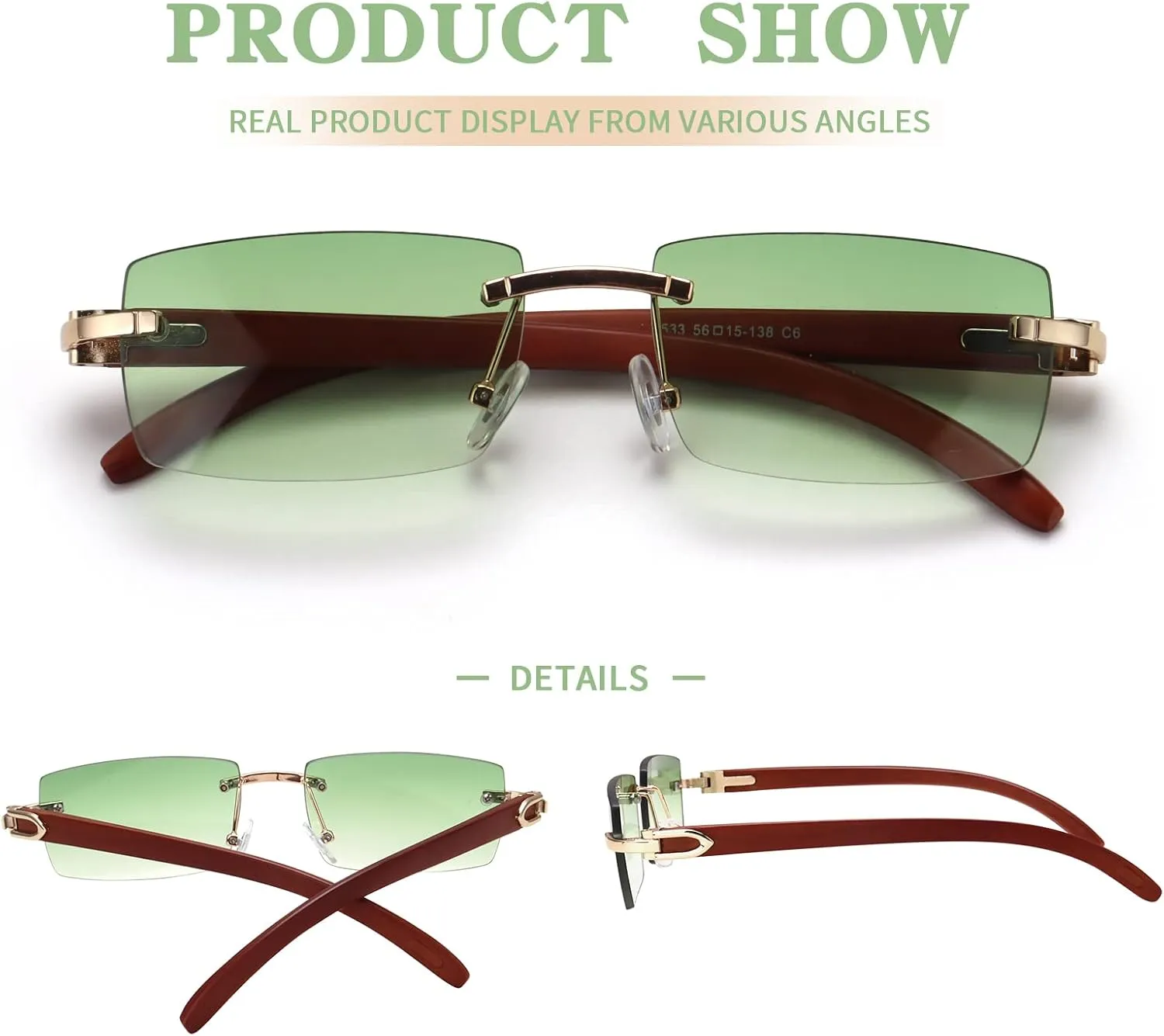 Dollger Rimless Rectangle Sunglasses for Men Women Hip-hop Wood Small Square Sunglasses Frameless 70s 90s Shades