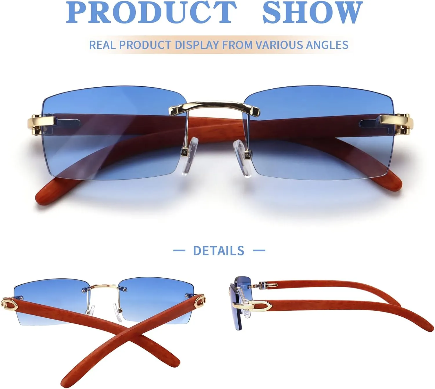 Dollger Rimless Rectangle Sunglasses for Men Women Hip-hop Wood Small Square Sunglasses Frameless 70s 90s Shades