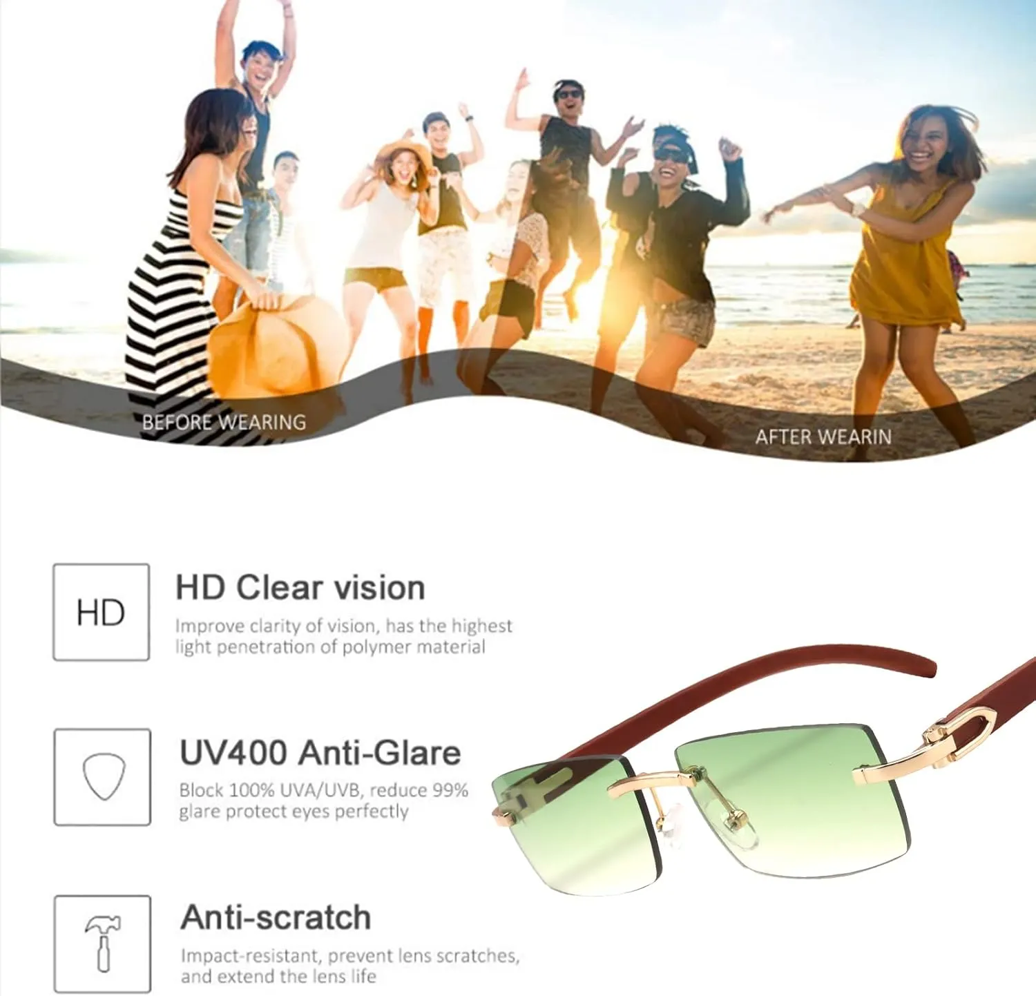 Dollger Rimless Rectangle Sunglasses for Men Women Hip-hop Wood Small Square Sunglasses Frameless 70s 90s Shades