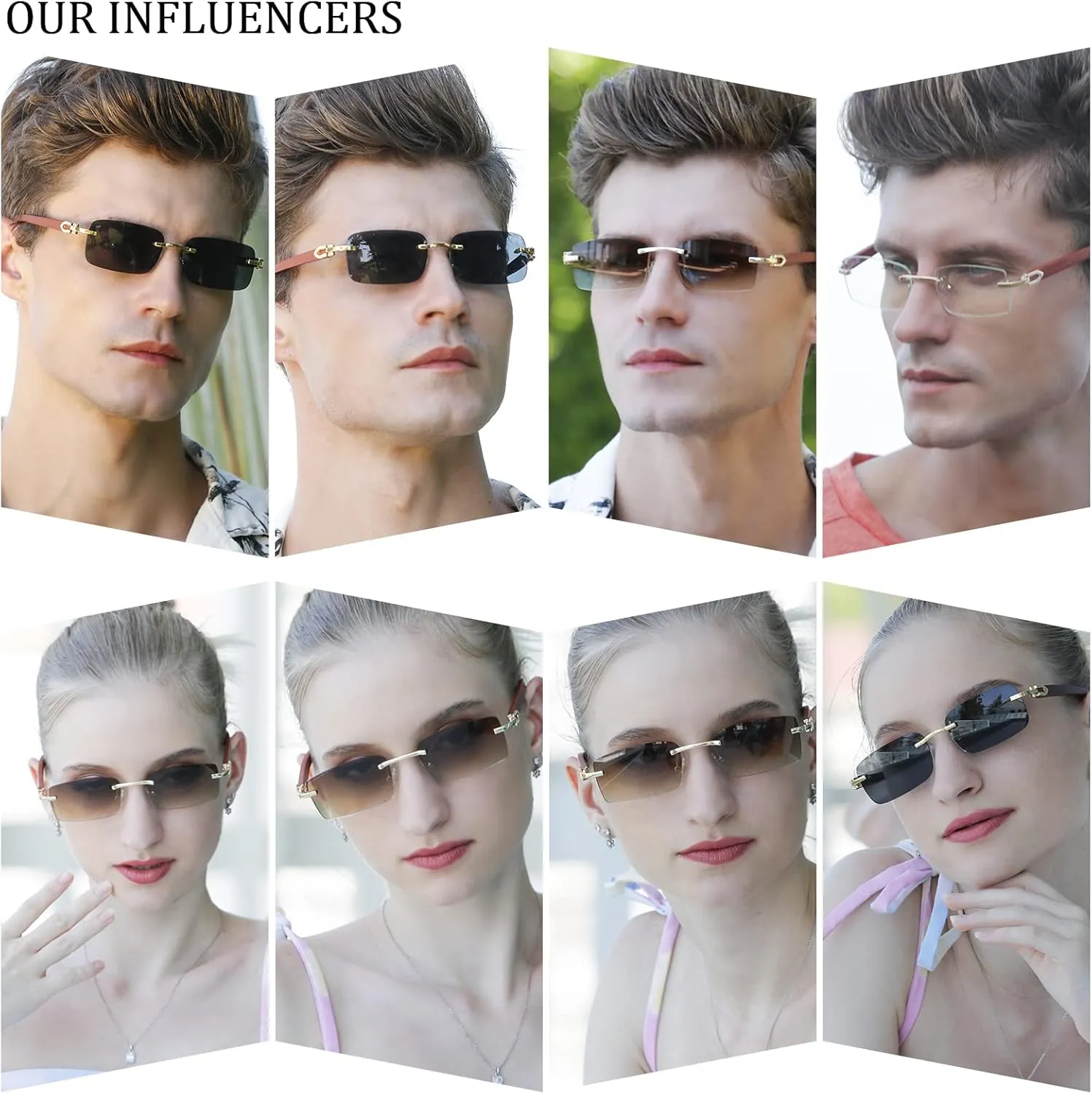 Dollger Rimless Rectangle Sunglasses for Men Women Hip-hop Wood Small Square Sunglasses Frameless 70s 90s Shades