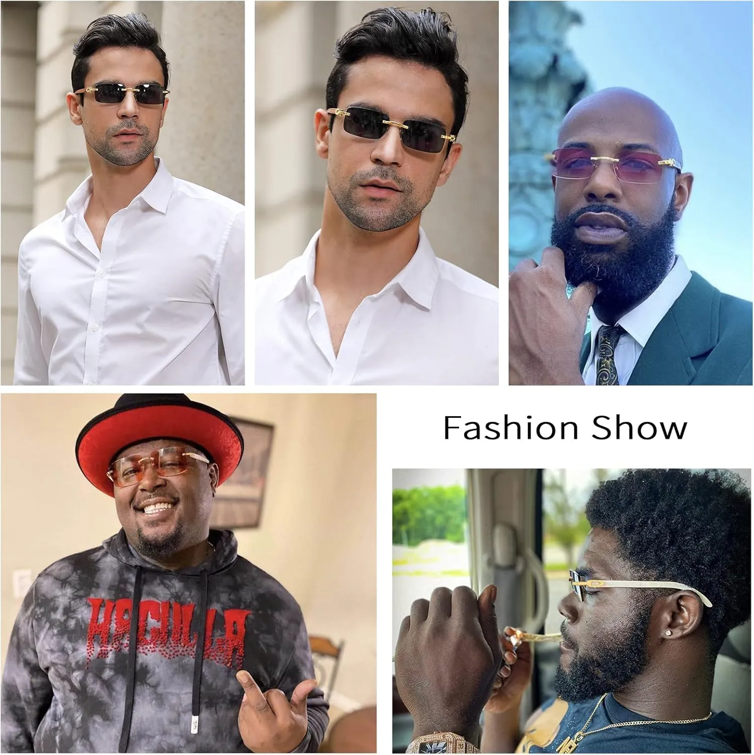Dollger Rimless Rectangle Sunglasses for Men Women Hip-hop Wood Small Square Sunglasses Frameless 70s 90s Shades