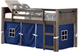 DONCO Twin Barn Door Modular Low Loft with Blue Tent in Brushed Shadow