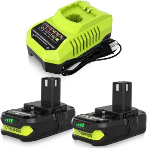 Dosctt 2 Packs 3600mAh Lithium ion 18 Volt P102 Batteries and P117 Charger Compatible with Ryobi 18V Battery and Charger Combo P102 P103 P104 P105 P107 P108 P109 P122 P117 P118 (Green)