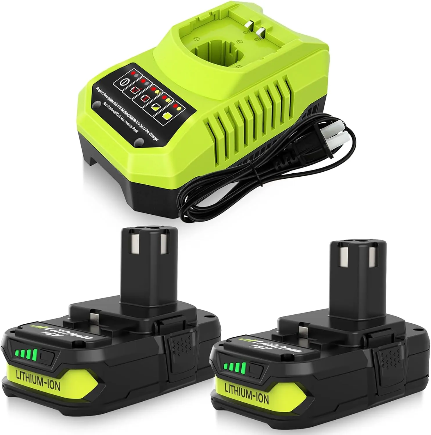 Dosctt 2 Packs 3600mAh Lithium ion 18 Volt P102 Batteries and P117 Charger Compatible with Ryobi 18V Battery and Charger Combo P102 P103 P104 P105 P107 P108 P109 P122 P117 P118 (Green)
