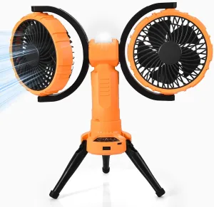Double Oscillating Fan for Camping With Led Lantern, Rechargeable Multifunctional Camping Tent Fan with Hanging Hook for Outdoor, Tent, Travel, Picnic,Bedroom-Orange Color