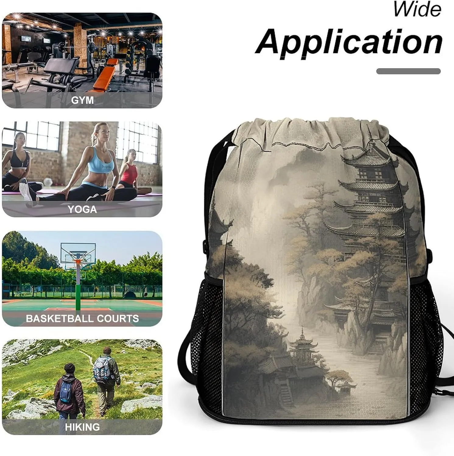 Drawstring Backpack Sport Gym Chinese Style Architecture Sackpack Bag With Side Pocket Resistant Sackpack for Women Men