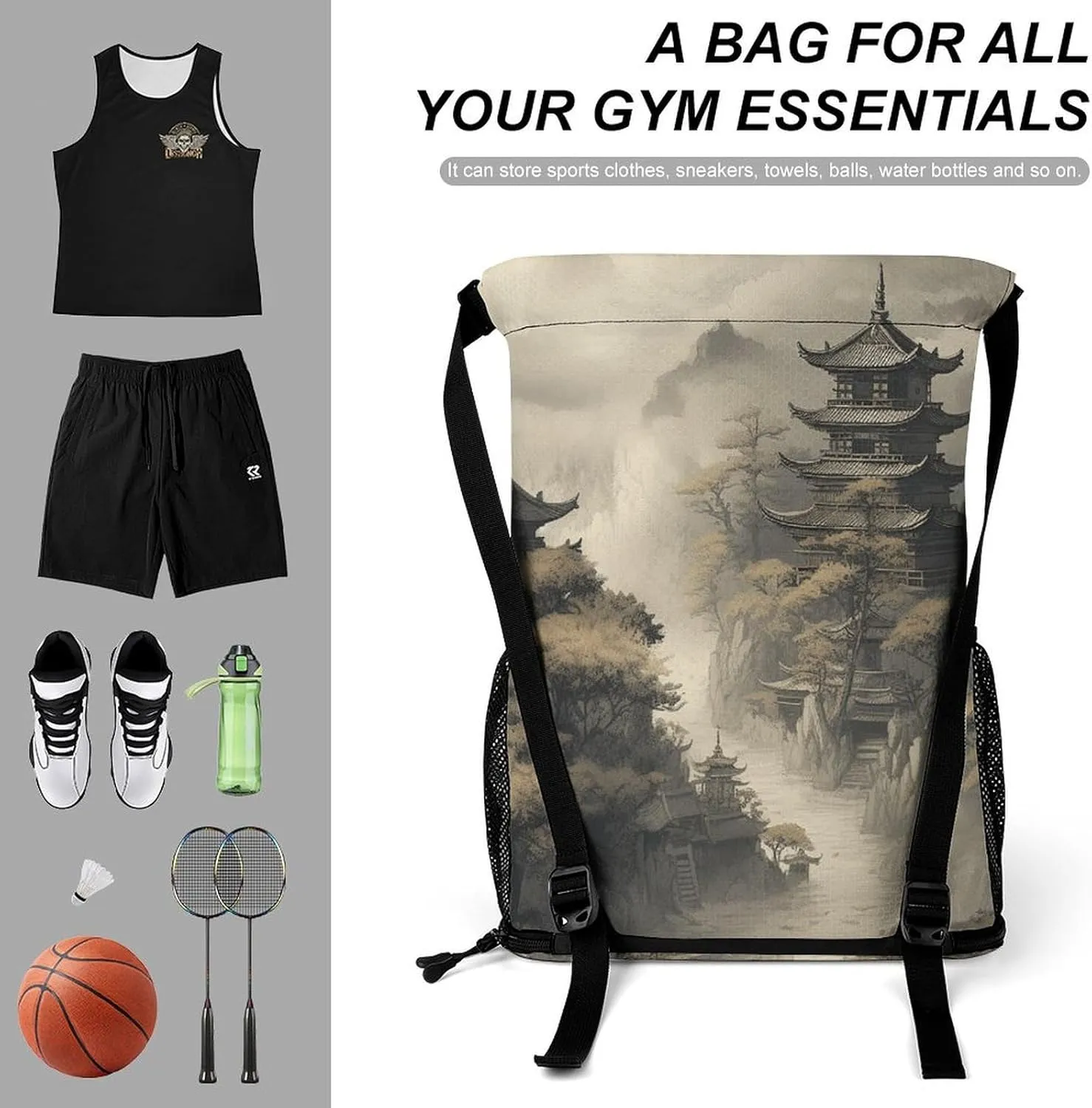 Drawstring Backpack Sport Gym Chinese Style Architecture Sackpack Bag With Side Pocket Resistant Sackpack for Women Men