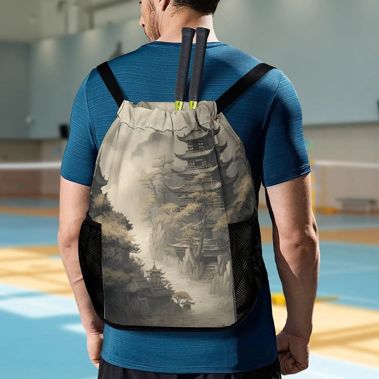 Drawstring Backpack Sport Gym Chinese Style Architecture Sackpack Bag With Side Pocket Resistant Sackpack for Women Men