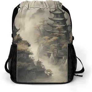 Drawstring Backpack Sport Gym Chinese Style Architecture Sackpack Bag With Side Pocket Resistant Sackpack for Women Men