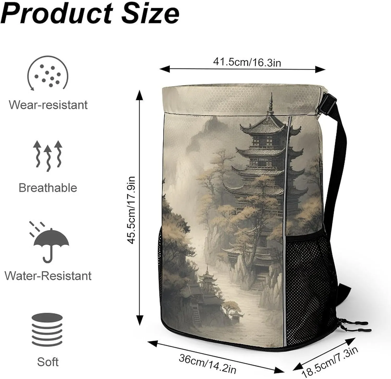 Drawstring Backpack Sport Gym Chinese Style Architecture Sackpack Bag With Side Pocket Resistant Sackpack for Women Men