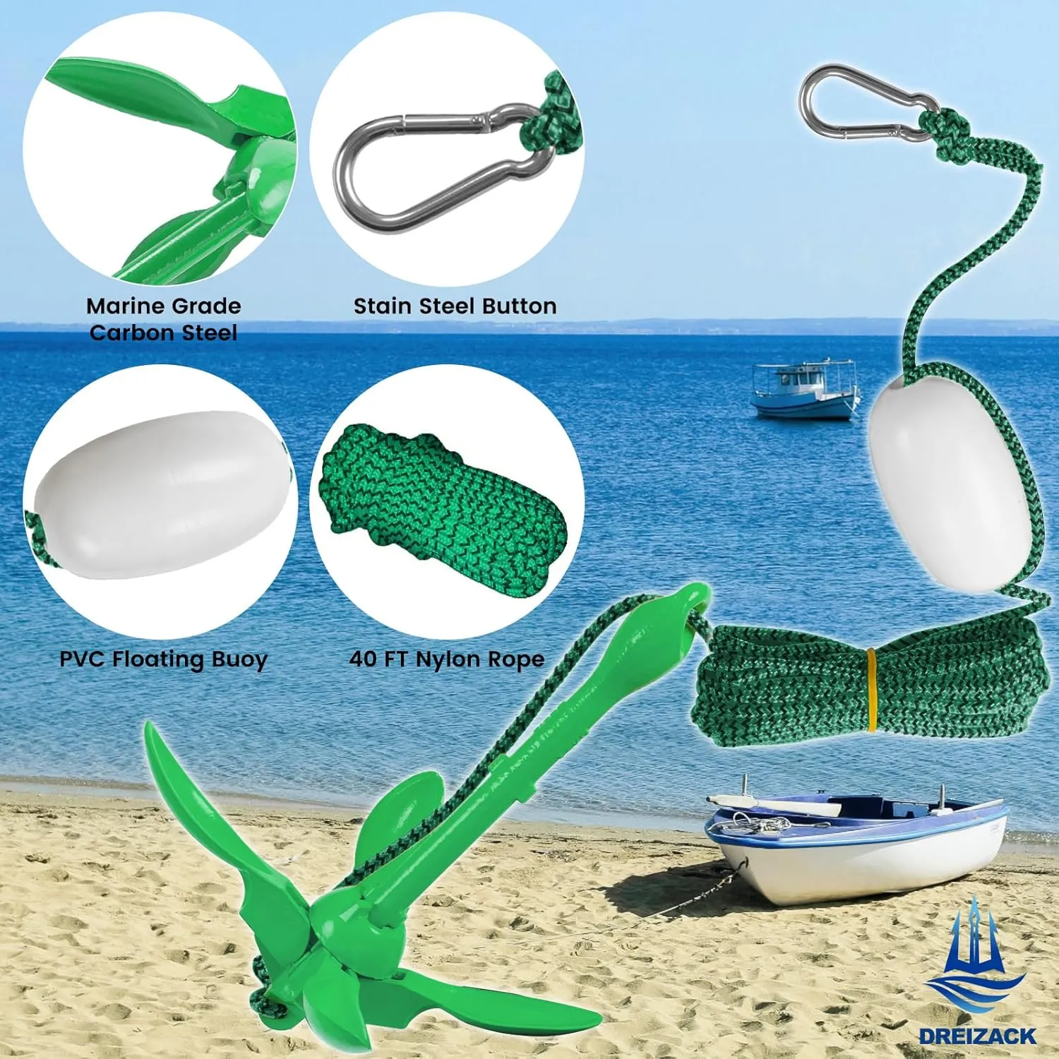 Dreizack Kayak Anchor Kit, 3.5 lb Folding Grapnel Boat Anchor Trolley Accessories with 40ft Rope and PVC Buoy for Fishing Kayaks SUP Paddle Boards Canoes Jet Ski PWC Inflatable Small Boats