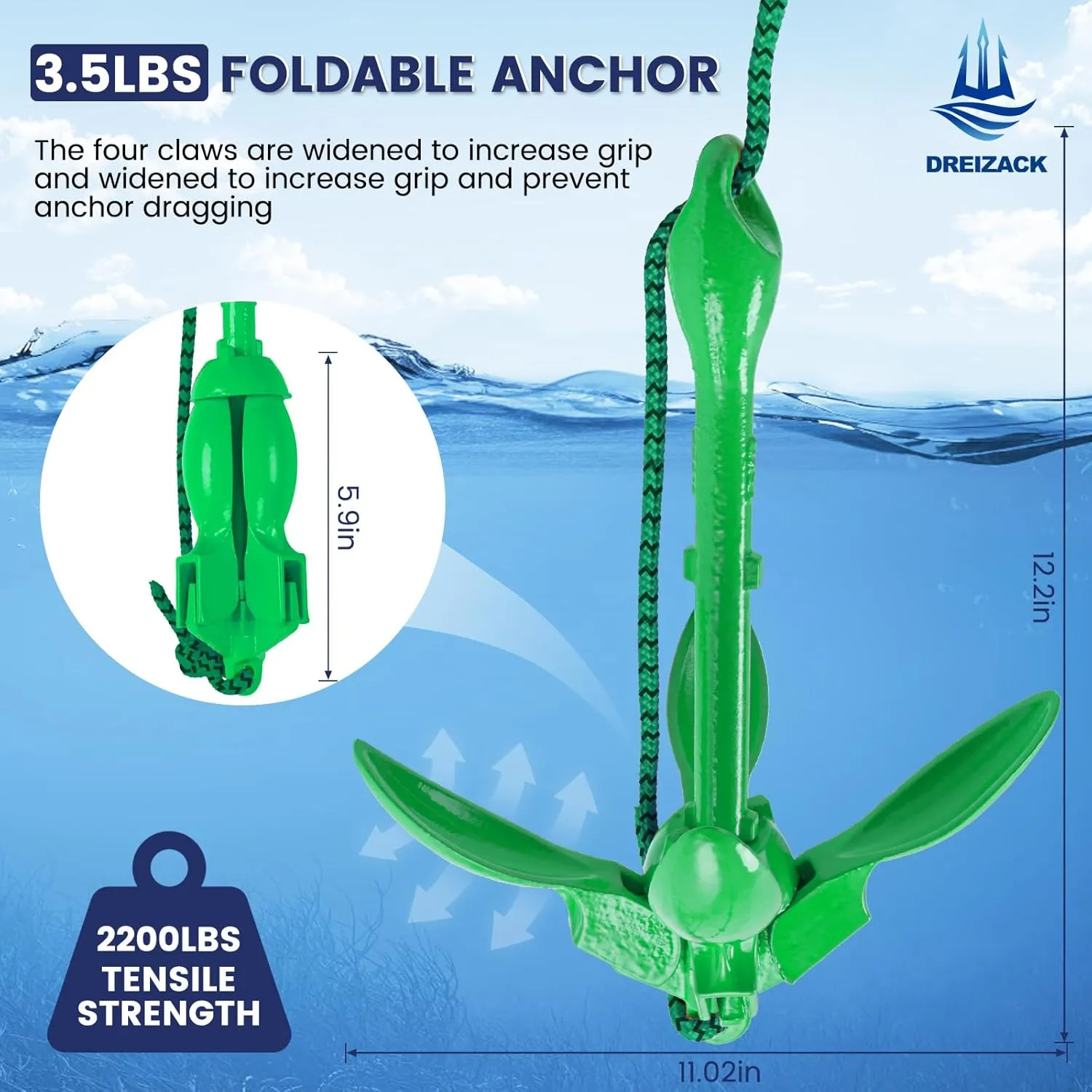 Dreizack Kayak Anchor Kit, 3.5 lb Folding Grapnel Boat Anchor Trolley Accessories with 40ft Rope and PVC Buoy for Fishing Kayaks SUP Paddle Boards Canoes Jet Ski PWC Inflatable Small Boats
