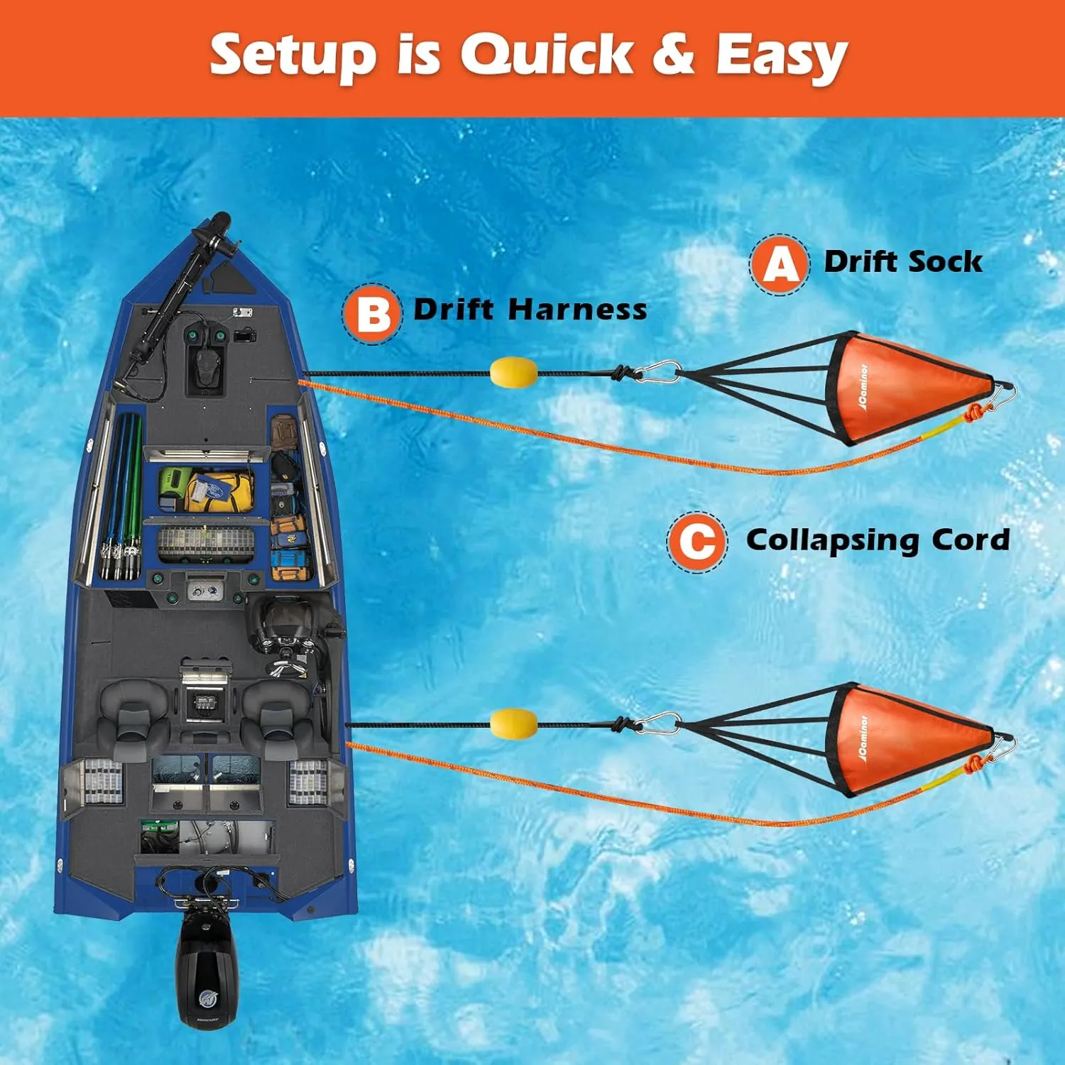 Drift Sock with Harness and Buoy Drift Anchor Kit for Fishing Boat/Kayak/Pontoon
