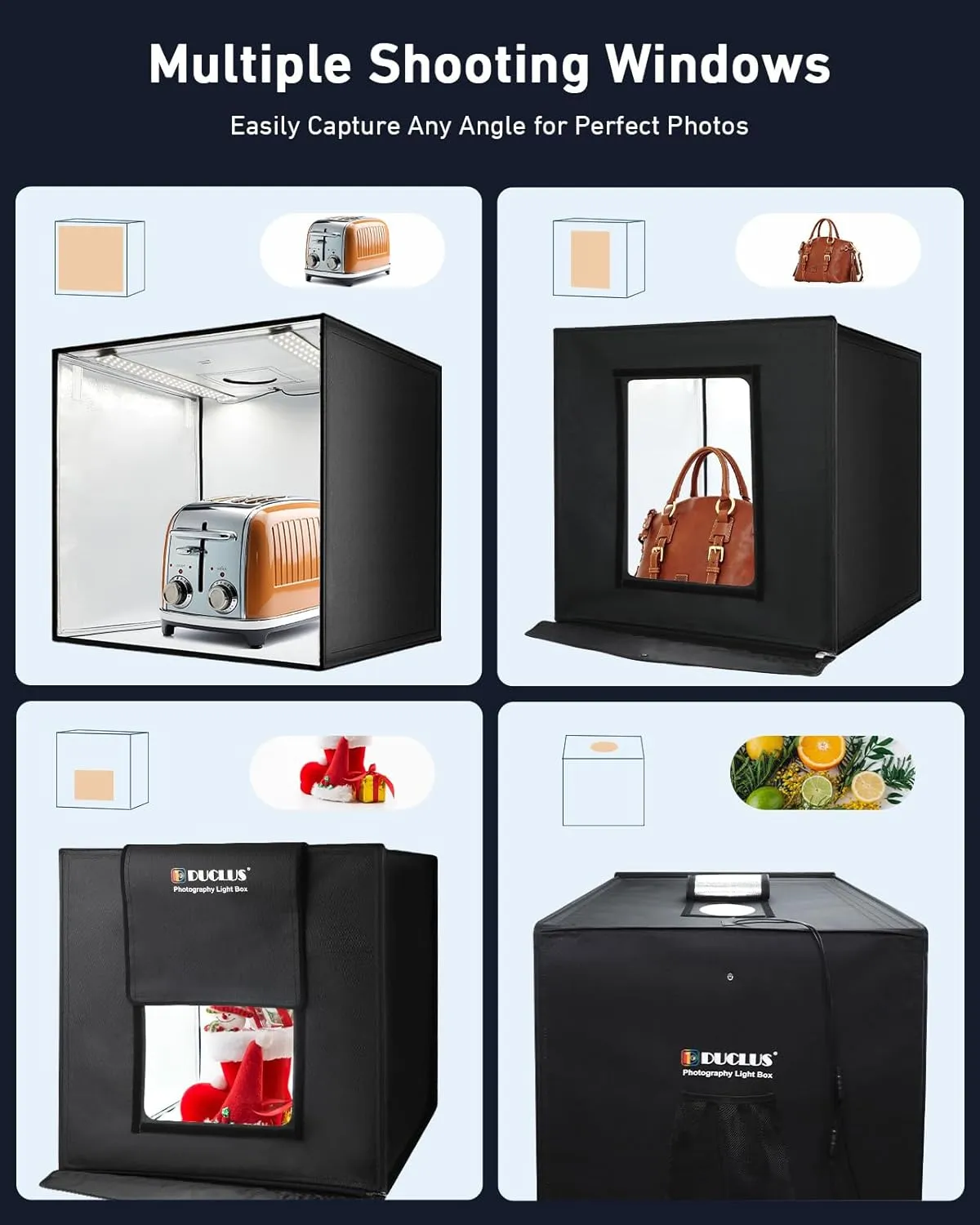DUCLUS Portable Photo Studio Box 24" x 24", Adjustable Light Box with 120pcs SMD LED Beads, Photo Shooting Tent with White Light and 6 Color Background