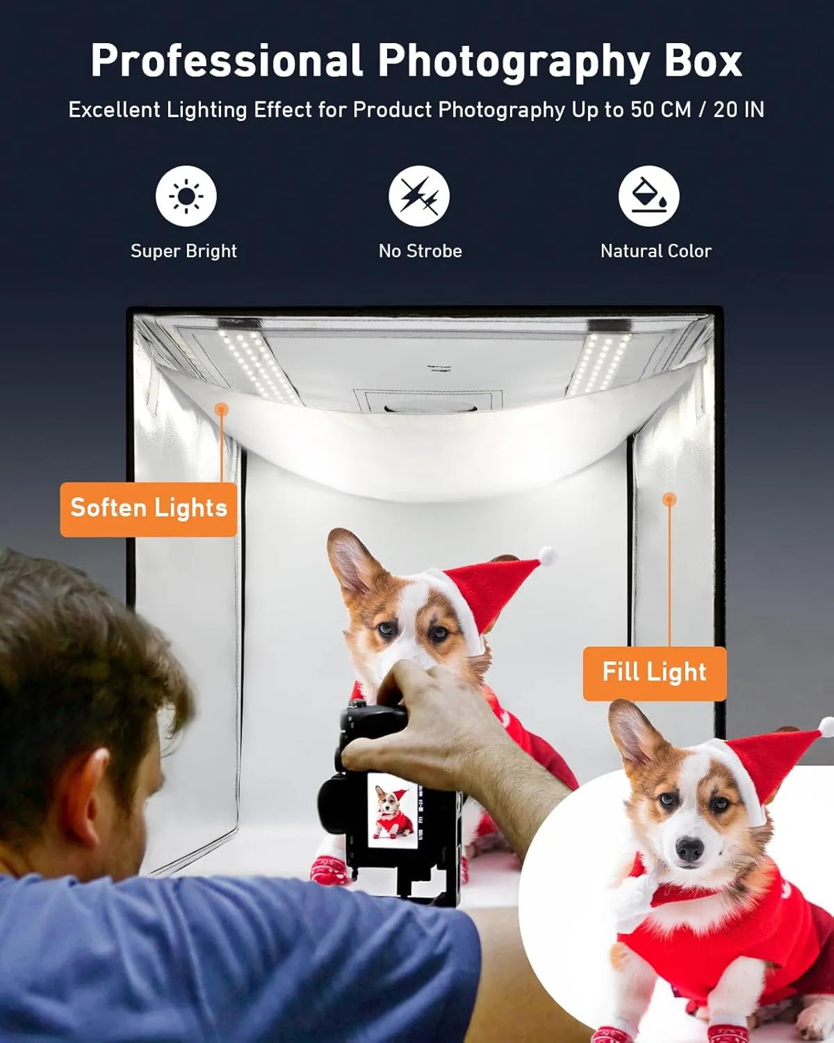 DUCLUS Portable Photo Studio Box 24" x 24", Adjustable Light Box with 120pcs SMD LED Beads, Photo Shooting Tent with White Light and 6 Color Background