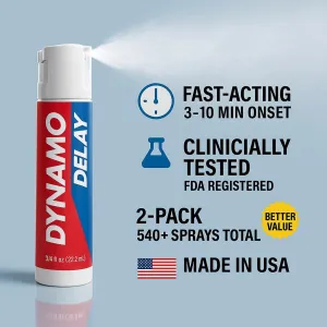 Dynamo Delay Spray for Men – 13% Lidocaine Numbing Spray to Help You Last Longer – 2 Pack Climax Control – FDA Registered, Better Value