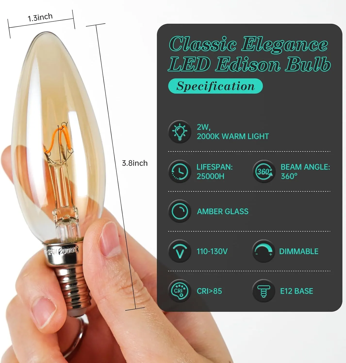 E12 Candelabra Light Bulbs 20W 25W Replacement, Super Thin Filament E12 LED Light Bulbs Dimmable, Chandelier Candle Light Bulb 2000K Soft Warm, Amber Candelabra Type B Light Bulb