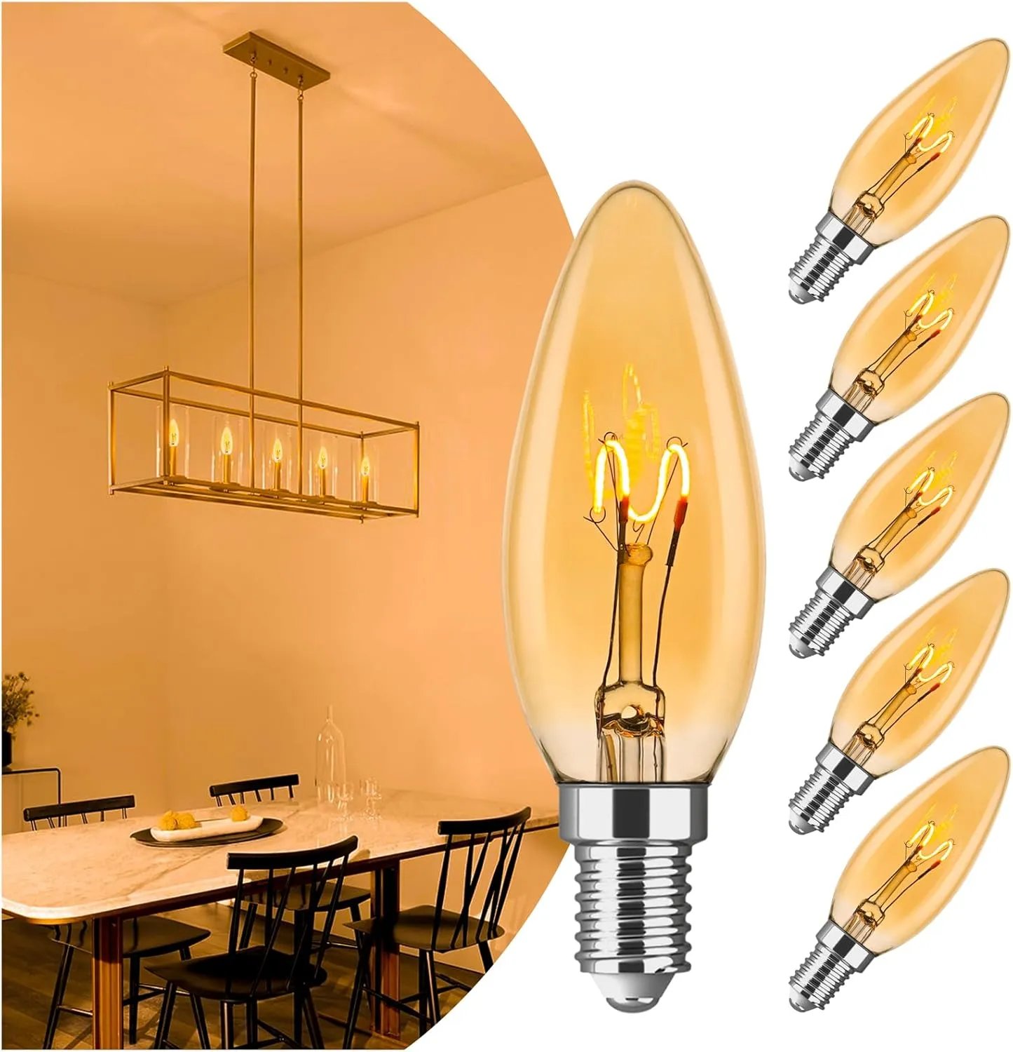 E12 Candelabra Light Bulbs 20W 25W Replacement, Super Thin Filament E12 LED Light Bulbs Dimmable, Chandelier Candle Light Bulb 2000K Soft Warm, Amber Candelabra Type B Light Bulb