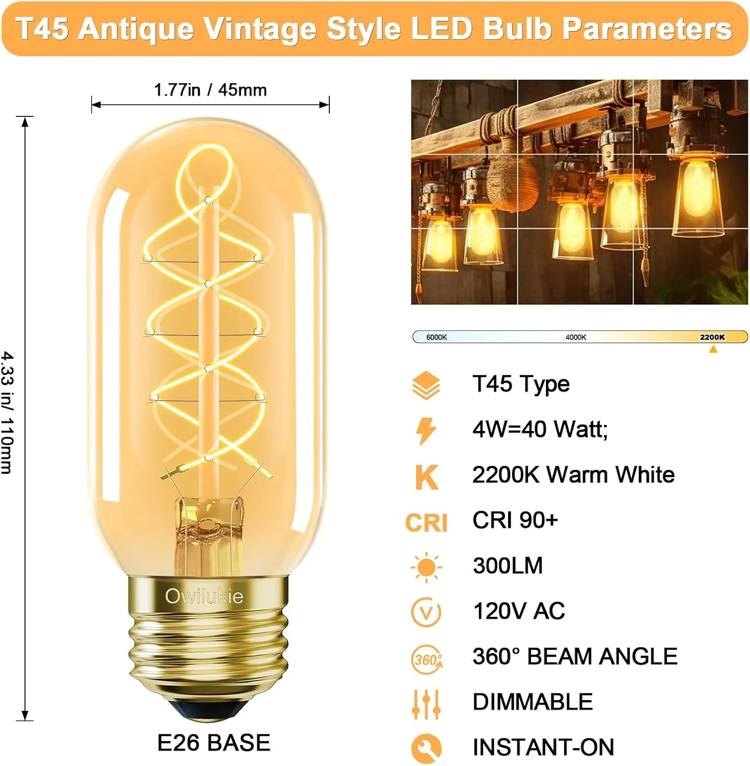 E26 LED Bulb 4W Equivalent E26 Bulb 40 watt,Vintage Edison Bulbs,Warm White 2200K Amber E26 Edison Bulb dimmable,Tubular T14 T45 LED Light Bulb,AC120V,300lm,CR90 ,Glass,Pack of 4