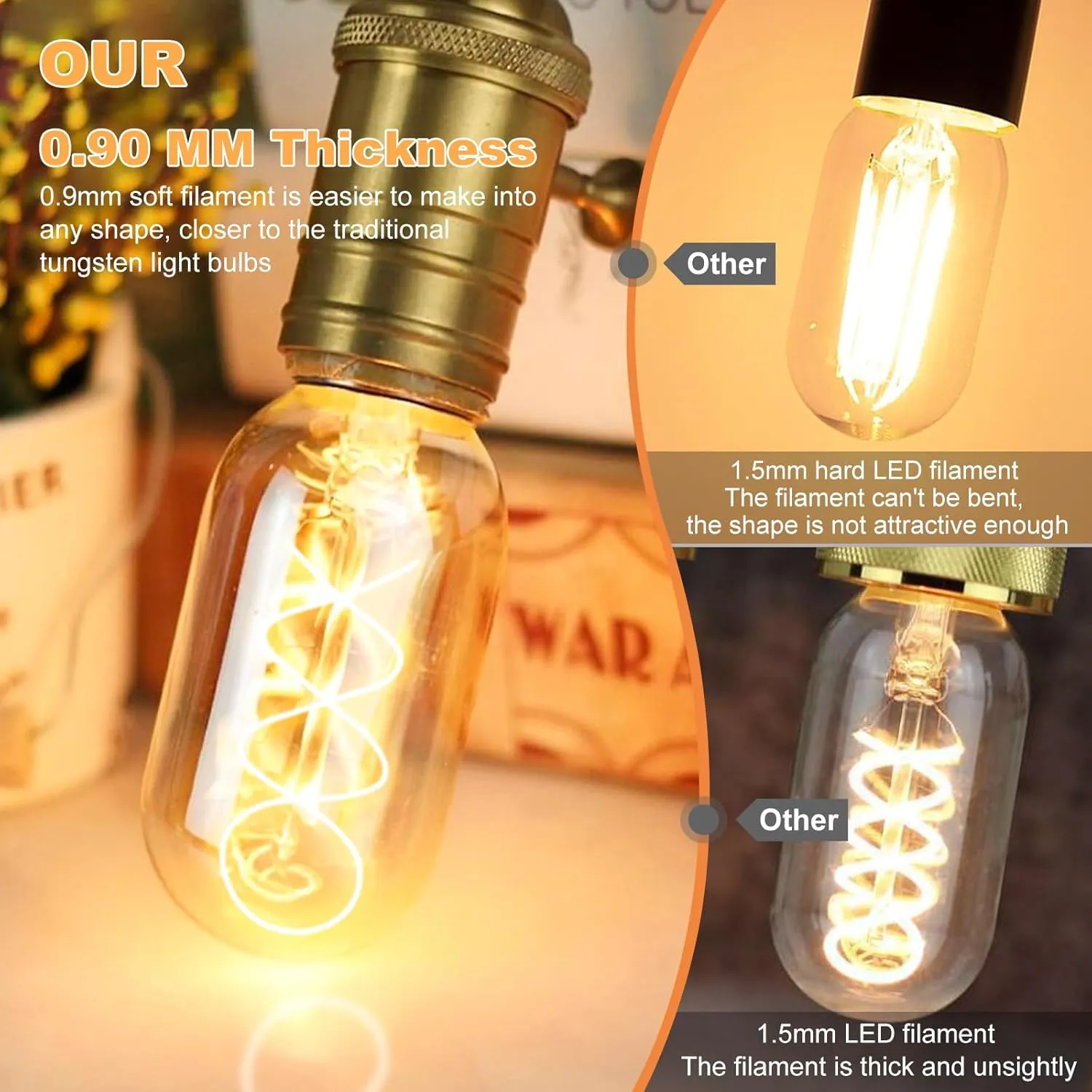 E26 LED Bulb 4W Equivalent E26 Bulb 40 watt,Vintage Edison Bulbs,Warm White 2200K Amber E26 Edison Bulb dimmable,Tubular T14 T45 LED Light Bulb,AC120V,300lm,CR90 ,Glass,Pack of 4