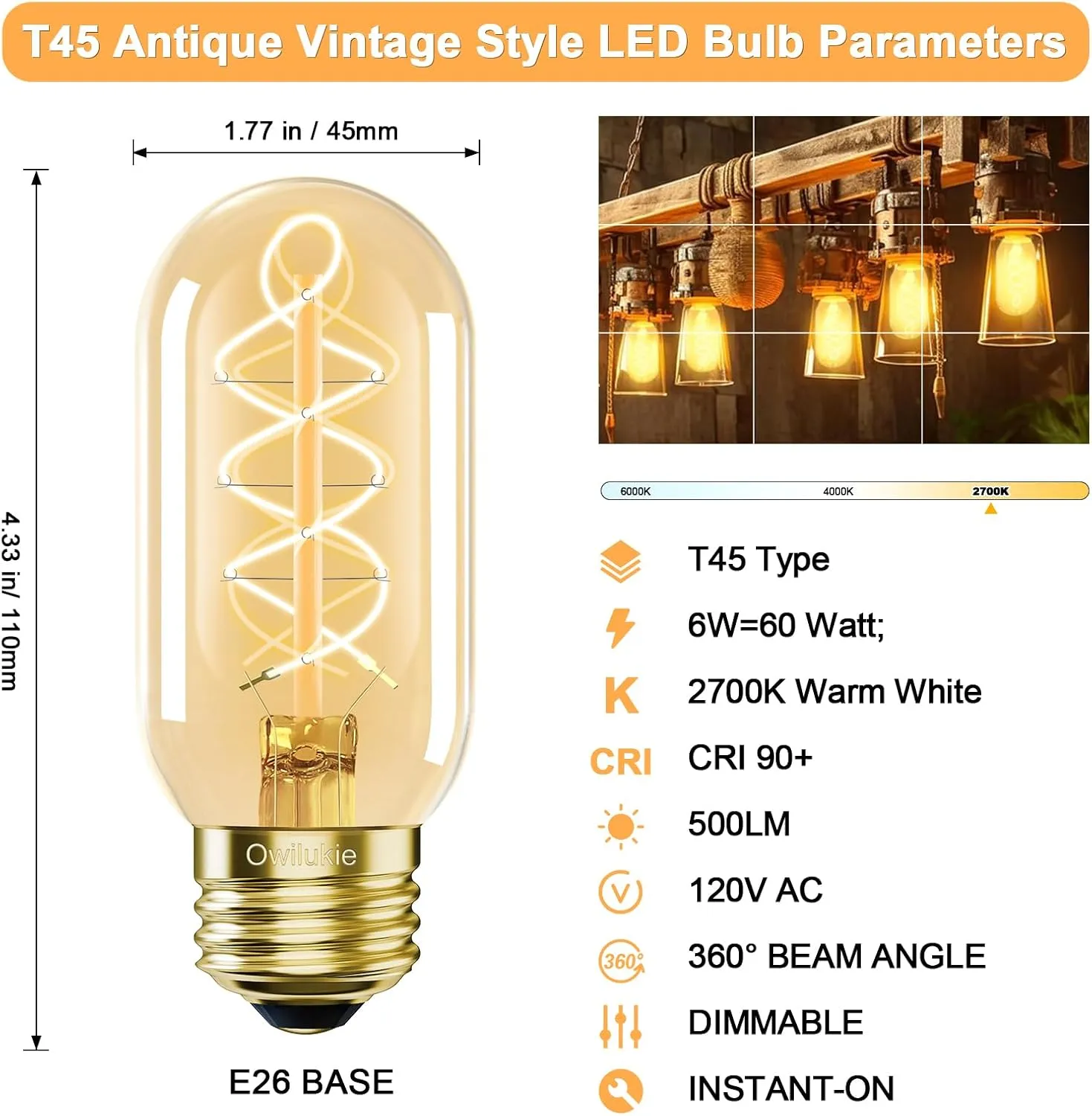 E26 LED Bulb 6W Equivalent E26 Bulb 60 watt, Vintage Edison Bulbs, Warm White 2700K Amber E26 Edison Bulb dimmable,Tubular T14 T45 LED Light Bulb, AC120V,500lm,CR90 ,Glass,Pack of 4