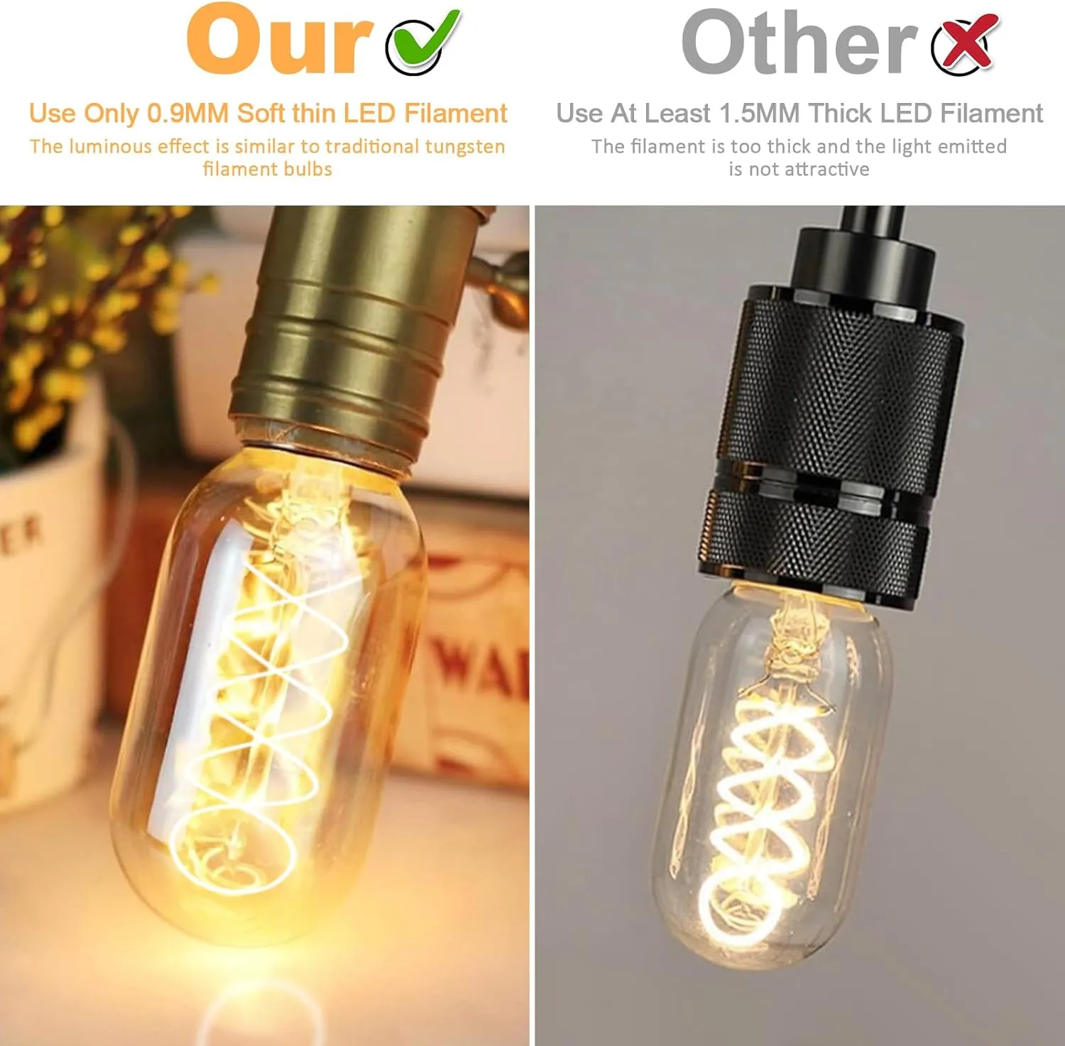 E26 LED Bulb 6W Equivalent E26 Bulb 60 watt, Vintage Edison Bulbs, Warm White 2700K Amber E26 Edison Bulb dimmable,Tubular T14 T45 LED Light Bulb, AC120V,500lm,CR90 ,Glass,Pack of 4