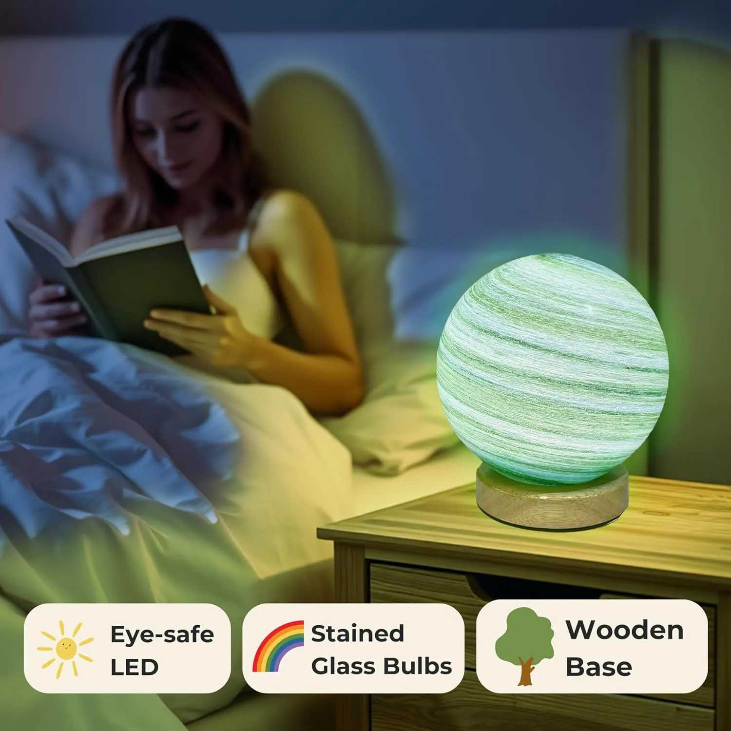 Earth Green Planet Night Light Glass Bedside with Wooden Base 3 Modes - Dimmable Swirl Planet Table Lamp for Bedroom Nightstand, Desk Lamp for Living Room, Office, Kids Room, Nursery