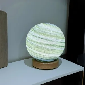 Earth Green Planet Night Light Glass Bedside with Wooden Base 3 Modes - Dimmable Swirl Planet Table Lamp for Bedroom Nightstand, Desk Lamp for Living Room, Office, Kids Room, Nursery