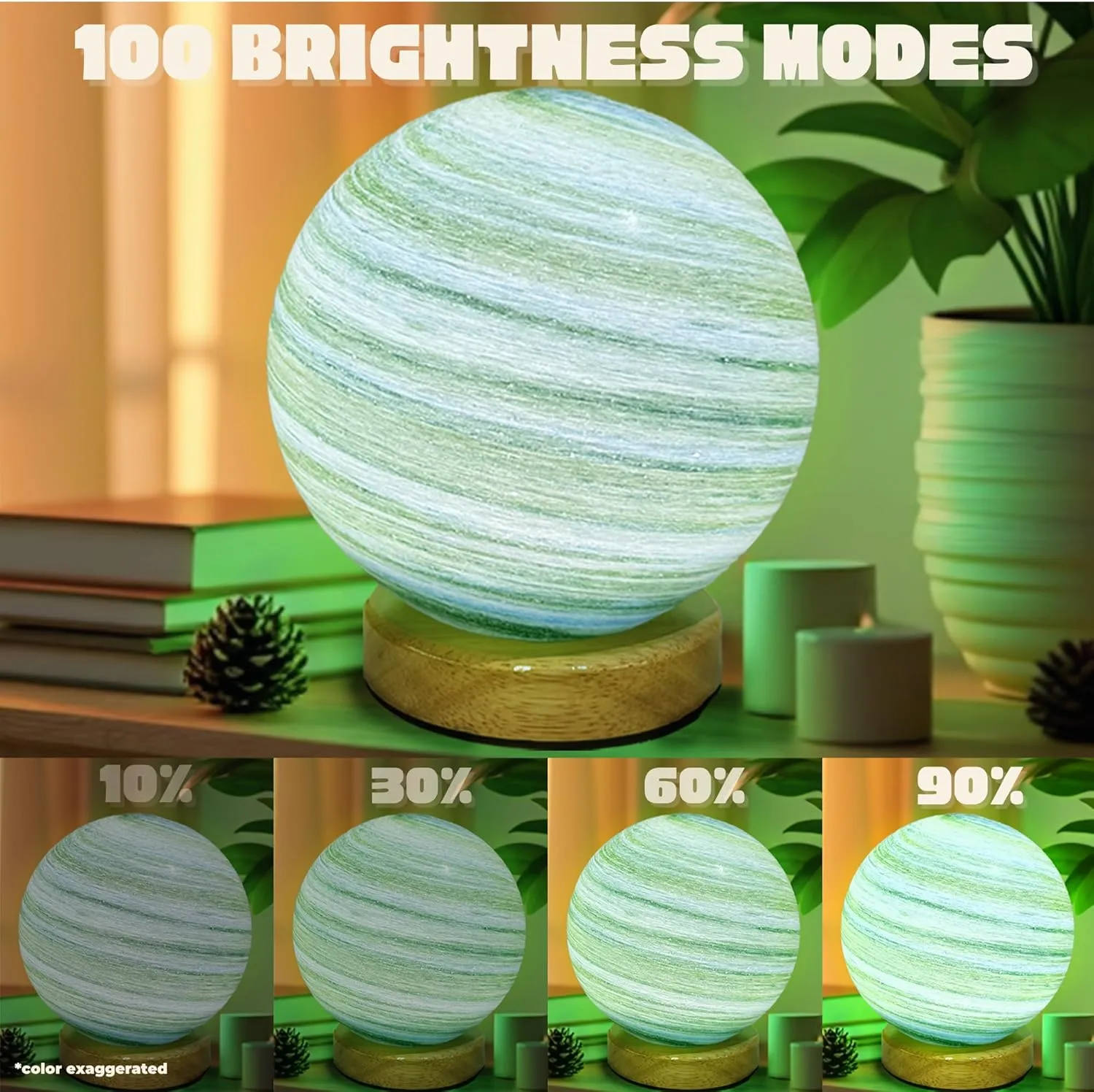 Earth Green Planet Night Light Glass Bedside with Wooden Base 3 Modes - Dimmable Swirl Planet Table Lamp for Bedroom Nightstand, Desk Lamp for Living Room, Office, Kids Room, Nursery