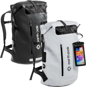 Earth Pak Waterproof Backpack - Heavy Duty Roll-Top Closure with Easy Access Front-Zippered Pocket and Cushioned Padded Back Panel for Comfort with IPX8 Waterproof Phone Case