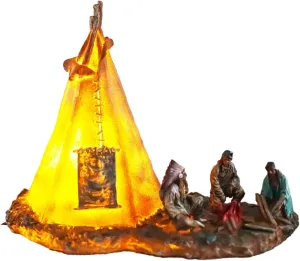 Ebros Native American Indian Tribal Chief and Elders Building Fire by LED Light Tipi Tent Statue Courtesy Night Light Figurine Tribal Indian Camp Scene