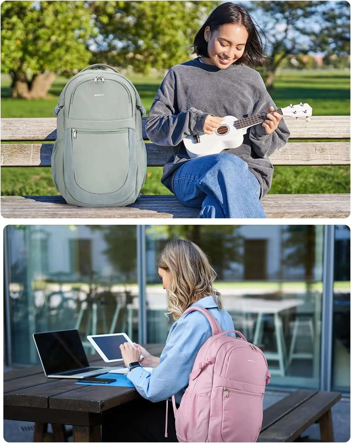 ECOHUB Travel Backpack for Women, 17.3 inch Suspended Laptop Backpack, Fashion Water-Resistant College Computer Bookbag, 28L Personal Item Bag with 12 Pockets for Causal, Work, Pink