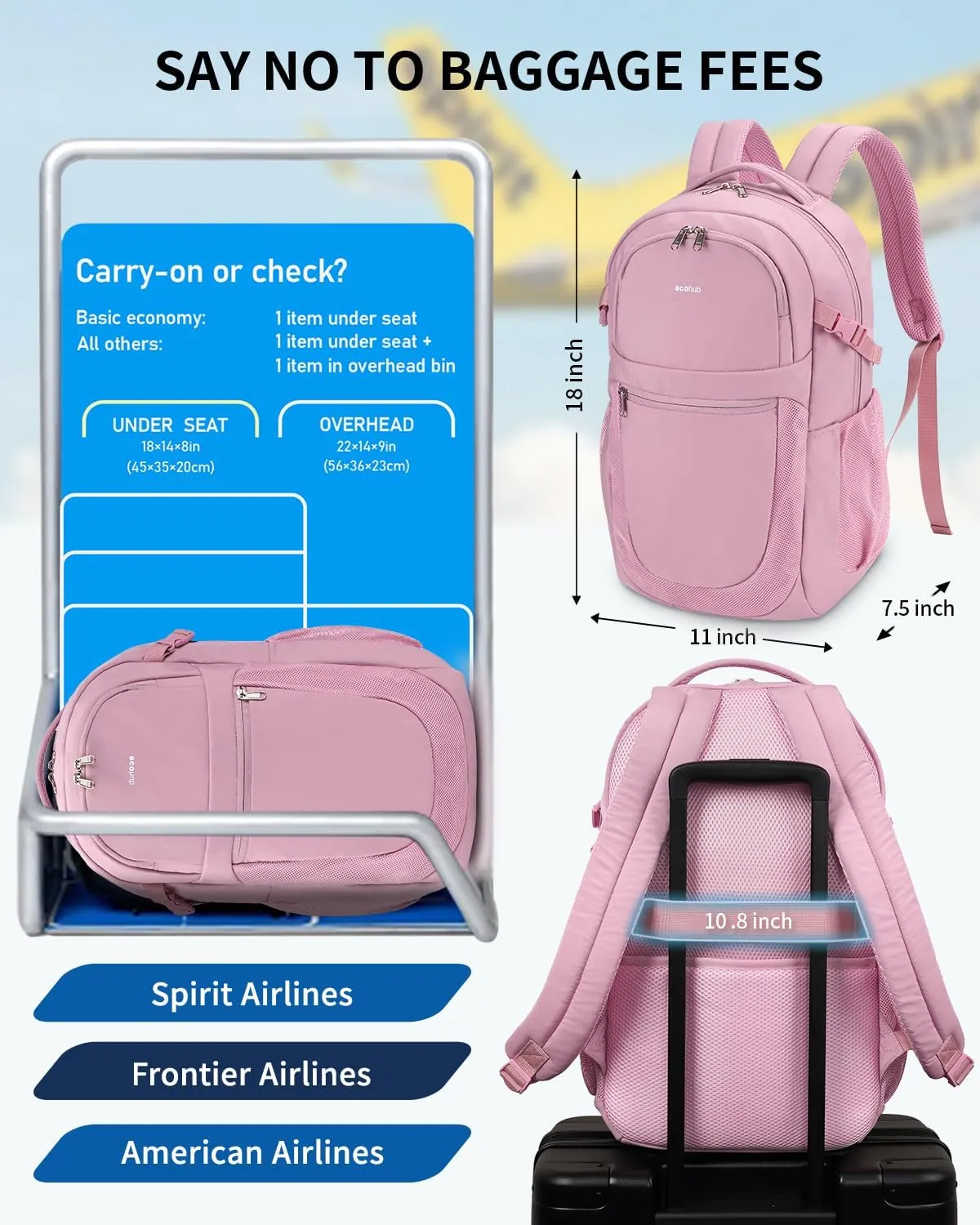 ECOHUB Travel Backpack for Women, 17.3 inch Suspended Laptop Backpack, Fashion Water-Resistant College Computer Bookbag, 28L Personal Item Bag with 12 Pockets for Causal, Work, Pink