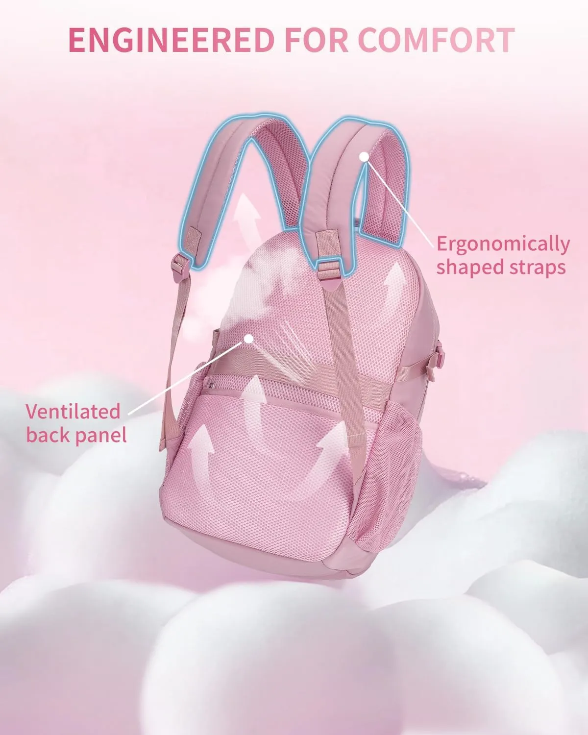 ECOHUB Travel Backpack for Women, 17.3 inch Suspended Laptop Backpack, Fashion Water-Resistant College Computer Bookbag, 28L Personal Item Bag with 12 Pockets for Causal, Work, Pink