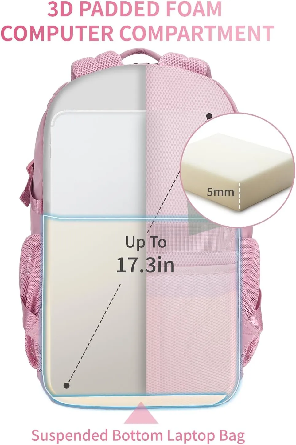 ECOHUB Travel Backpack for Women, 17.3 inch Suspended Laptop Backpack, Fashion Water-Resistant College Computer Bookbag, 28L Personal Item Bag with 12 Pockets for Causal, Work, Pink