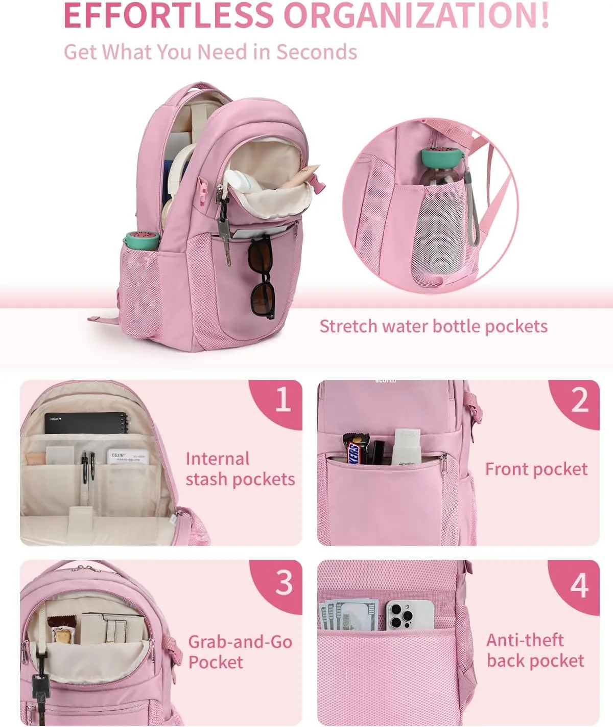 ECOHUB Travel Backpack for Women, 17.3 inch Suspended Laptop Backpack, Fashion Water-Resistant College Computer Bookbag, 28L Personal Item Bag with 12 Pockets for Causal, Work, Pink