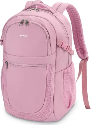 ECOHUB Travel Backpack for Women, 17.3 inch Suspended Laptop Backpack, Fashion Water-Resistant College Computer Bookbag, 28L Personal Item Bag with 12 Pockets for Causal, Work, Pink
