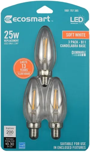 EcoSmart 25-Watt Equivalent B11 E12 Base Dimmable Clear Filament Vintage Style LED Light Bulb, Soft White (3-Pack)