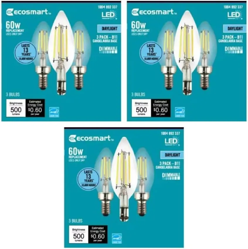 EcoSmart 60-Watt Equivalent B11 Clear Filament Vintage Style LED Light Bulb Daylight (9-Pack)